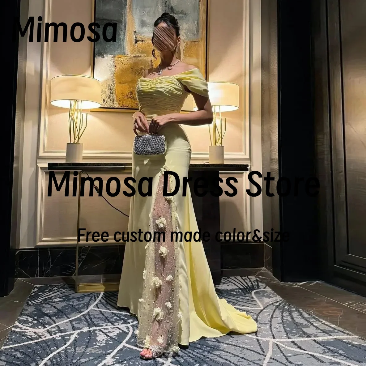 Mimosa Yellow Prom Dresses Ruched Sweetheart Off Shoulder Evening Dress Flowers Tulle Robes De Cocktail Party Gowns Customized