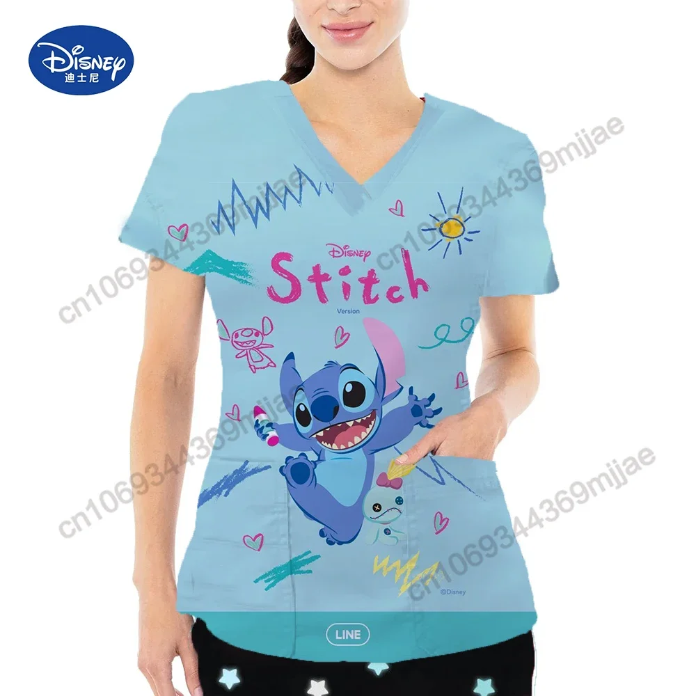 Disney cartoon pattern V-neck large pocket design women's clothing fashionable casual short sleeve comfortable women's T-shirt