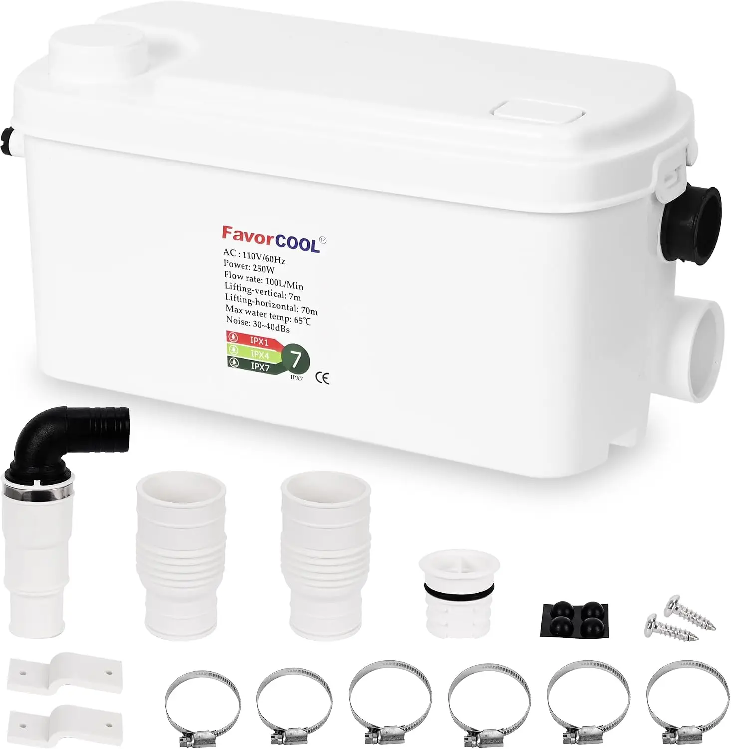 Macerator Pump Sink Sewerage Pump, 6000L/H Upflush Utility Pump to 22.9ft/7m with 3 Inlets for Basement, Kitchen, Shower