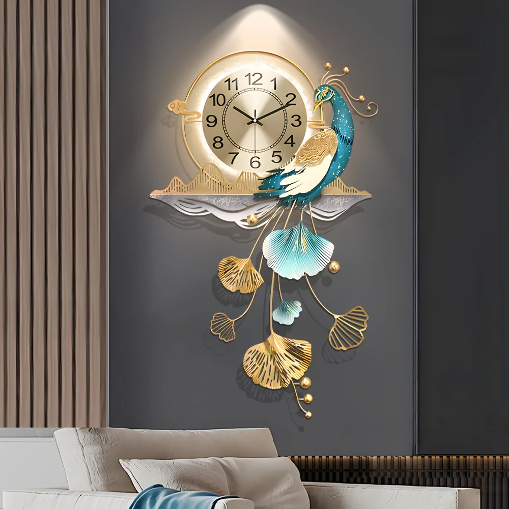 Large Peacock-Themed LED Wall Clock – 32.2 x 19.6 Inches Metal Decorative Clock with Silent Quartz Movement, Ideal for Living Ro view 5
