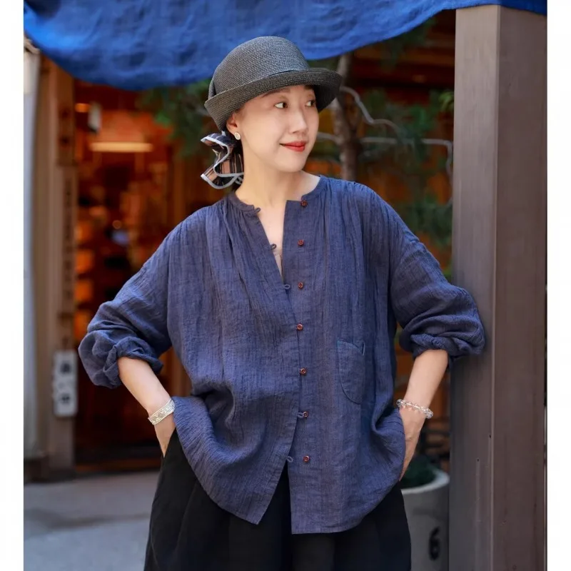 Women Vintage Oriental Style Spring Linen Cotton Loose Wrinkle Texture Long Sleeve Casual Blouse Shirt