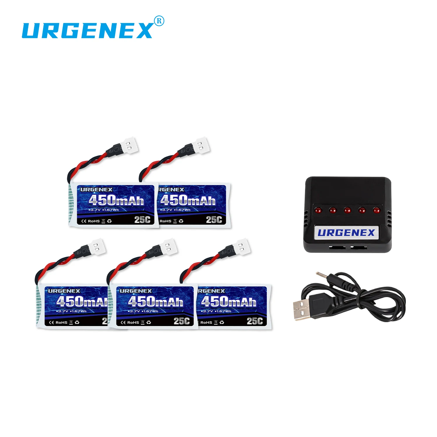URGENEX 5PCS 3.7V 450mAh Drone Battery 25C 1S Lipo Battery with Molex Plug 5in1 Charger for SYMA Q11 AT-96 TR-C385 TR-P51 TR-F22