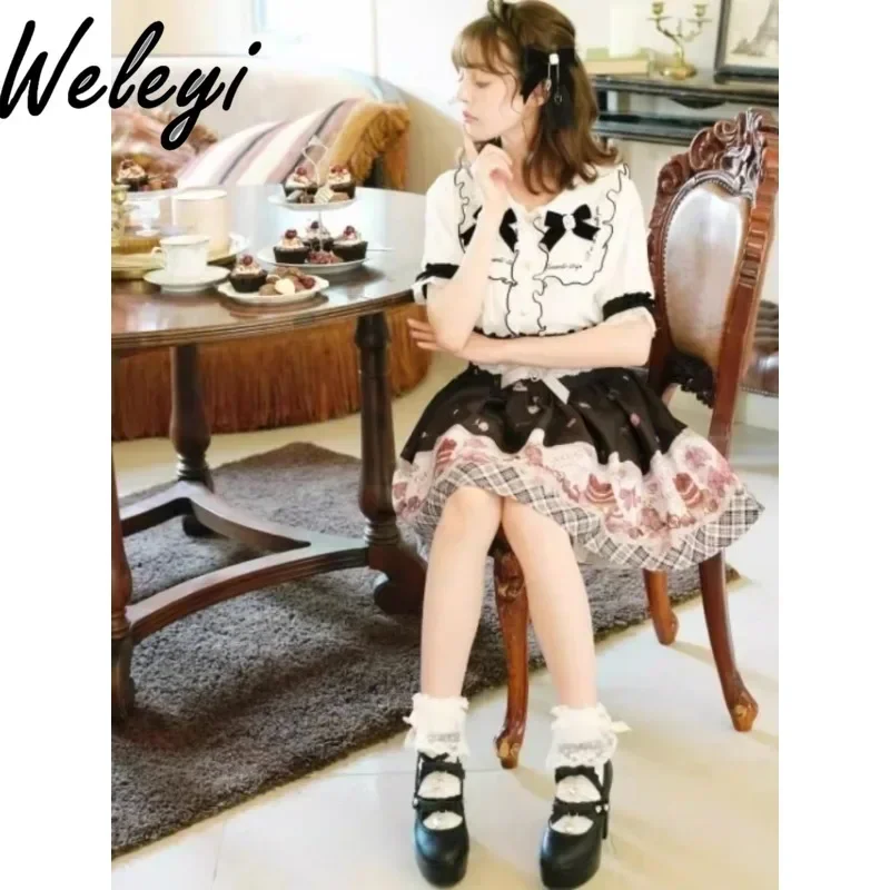 Japanese Sweet Skirts Suit 2024 Summer Bowknot Crystal Embroidery Lace Peter Pan Collar Shirt Fashion Short Skirt Two Piece Sets