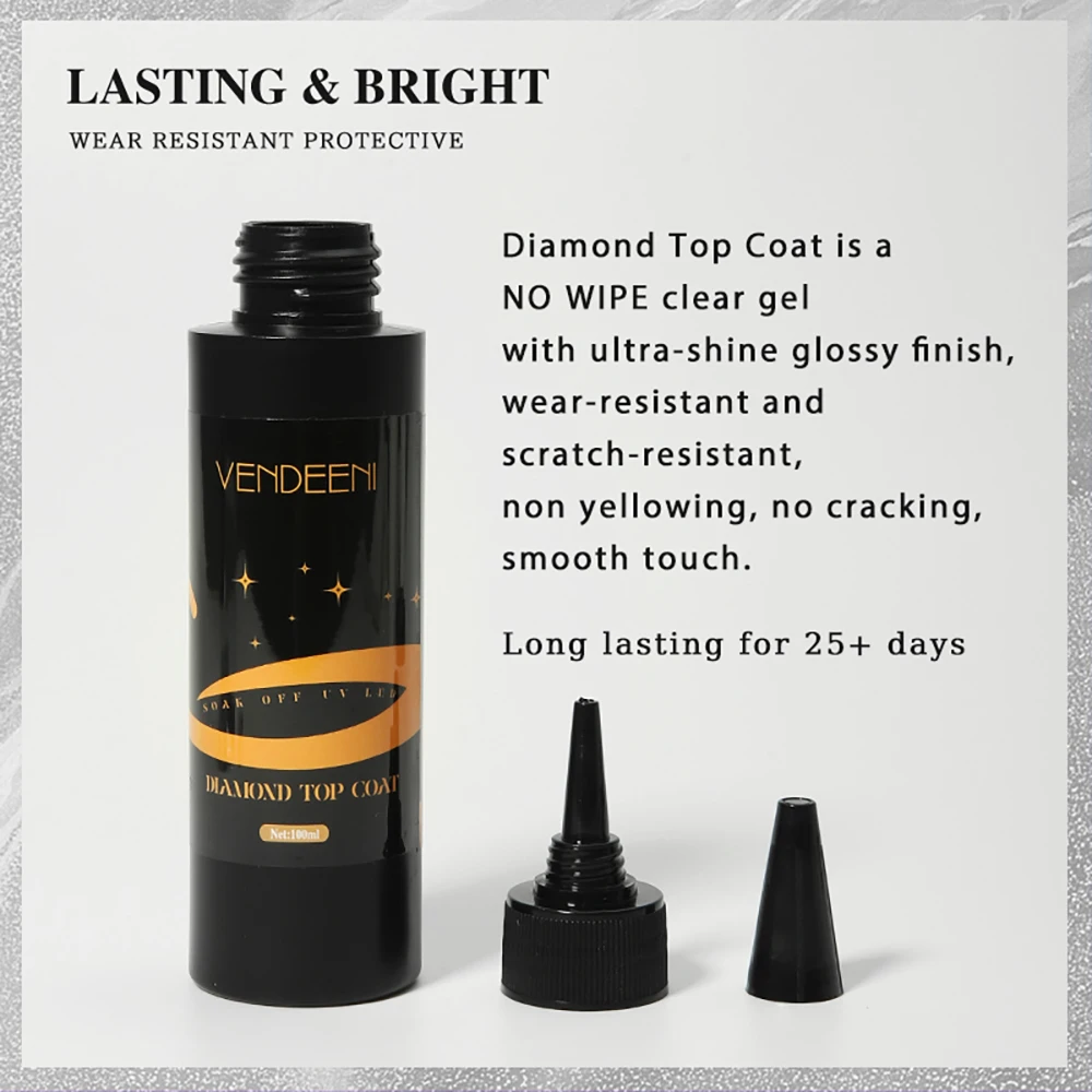 Vendeeni 100ml Diamond Top Coat Gel Nail Polish Semi Permanent UV Soak Off Gel Varnish High brightness Gel Lacquer For Nail Art