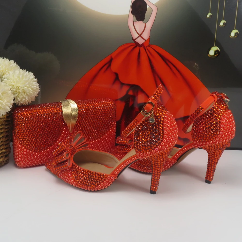 BaoYaFang New Arrival Orange Pearl Crystal wedding shoes and Bag Bridal Female Ladies Party Shoes Ankle Strap High Pumps