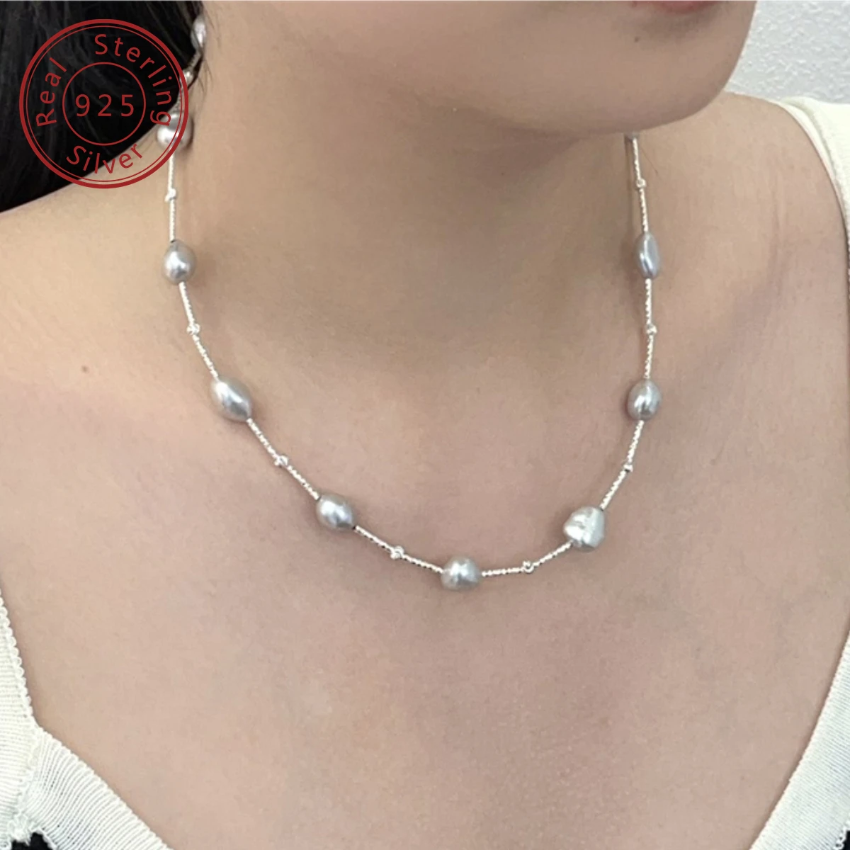 925 silver natural freshwater Baroque genuine linen gray pearl silver tube necklace, minimalist cool style, full of texture