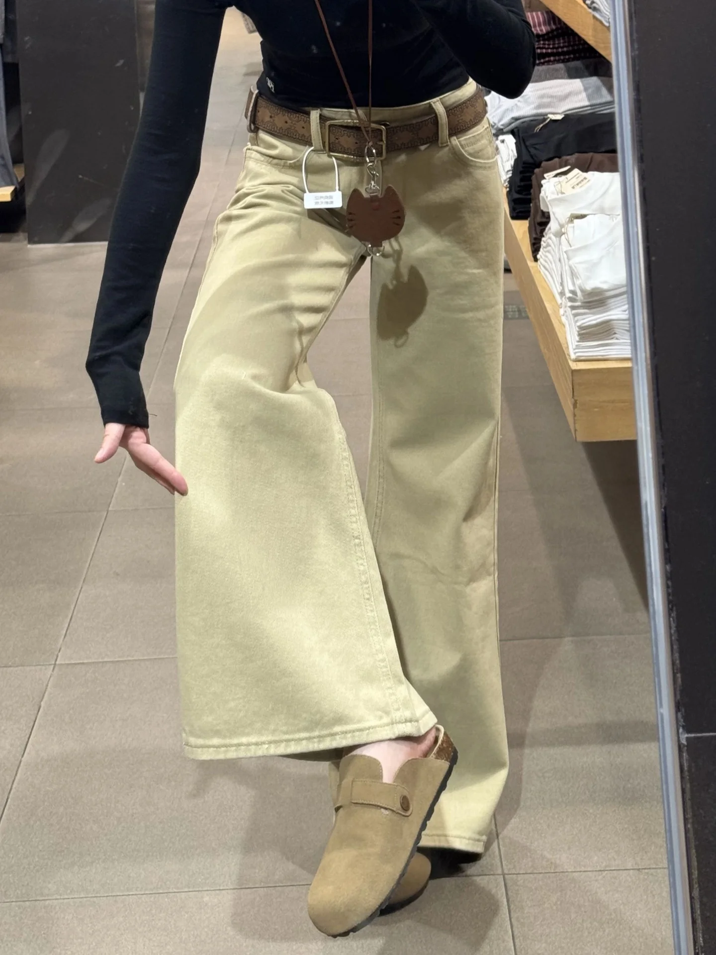 

Low Waist Bell Bot Denim Jeans Women's American Retro Khaki Spring Loose Floor Length Not Legging Micro Flare Pants