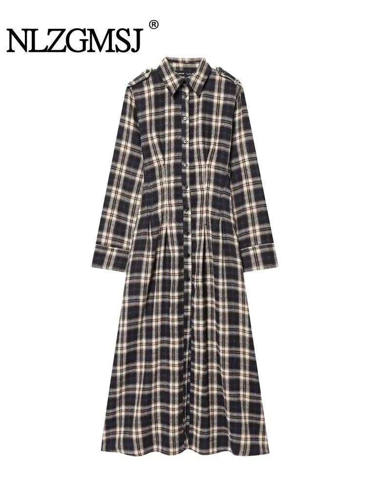 NLZGMSJ Woman Autumn Winter New Elegant Retro Plaid Single-breasted Dress Long Sleeve Holiday Dress Fashion Daily Casual Dress