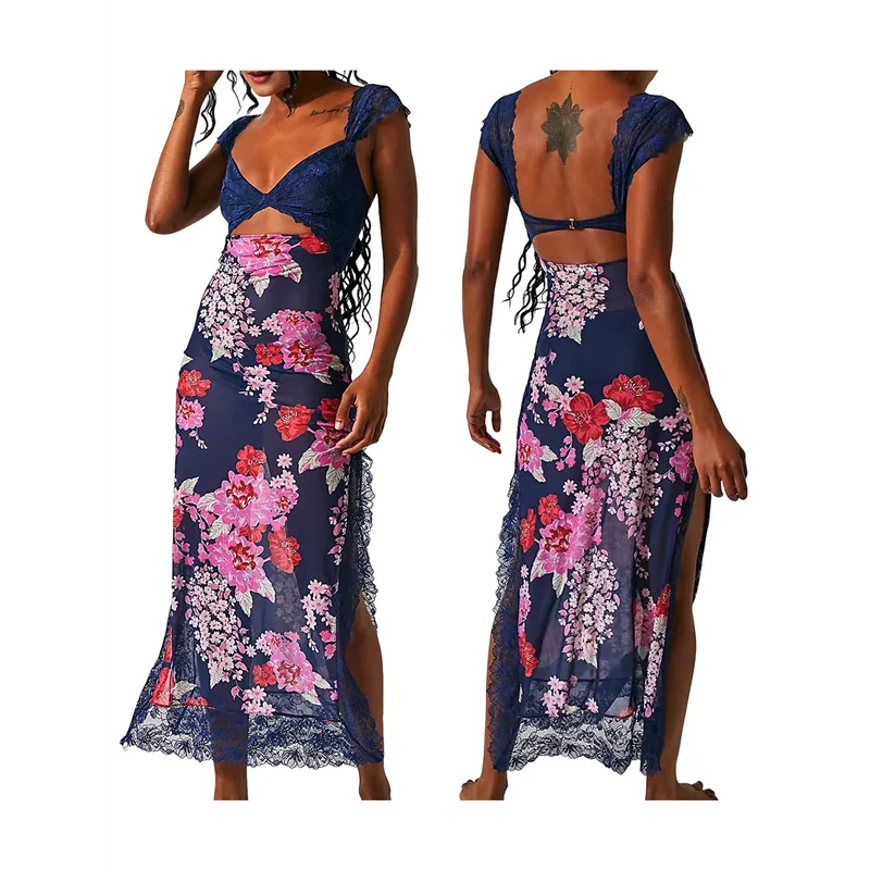 Cgs-feminino renda retalhos malha maxi vestido floral impressão recorte querida pescoço sem costas fenda verão y2k vestidos longos