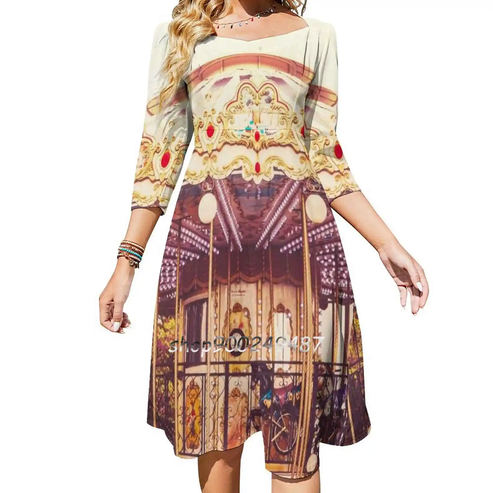 Carousel Flare Dress Square Neck Dress Elegant Female Fashion Printed Dress Carousel Paris Merry Go Round Funfair Circus France