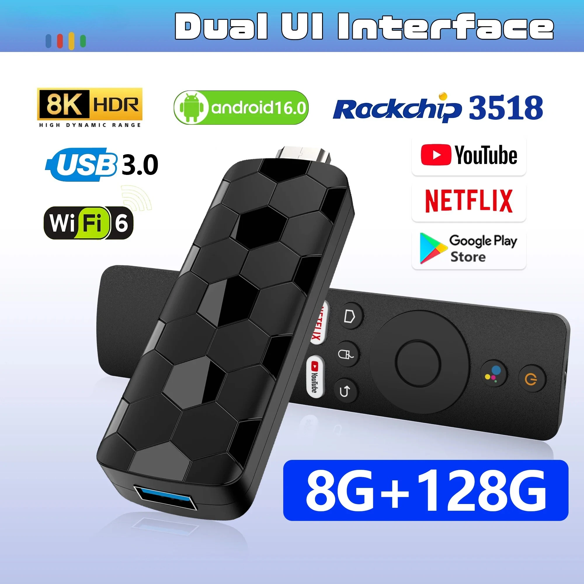 

Mini TV Stick Dual UI Interface Android 16 ATV Ram 8GB Rom 128GB RK3518 Wifi 6 Voice Remote Control Global TV Box