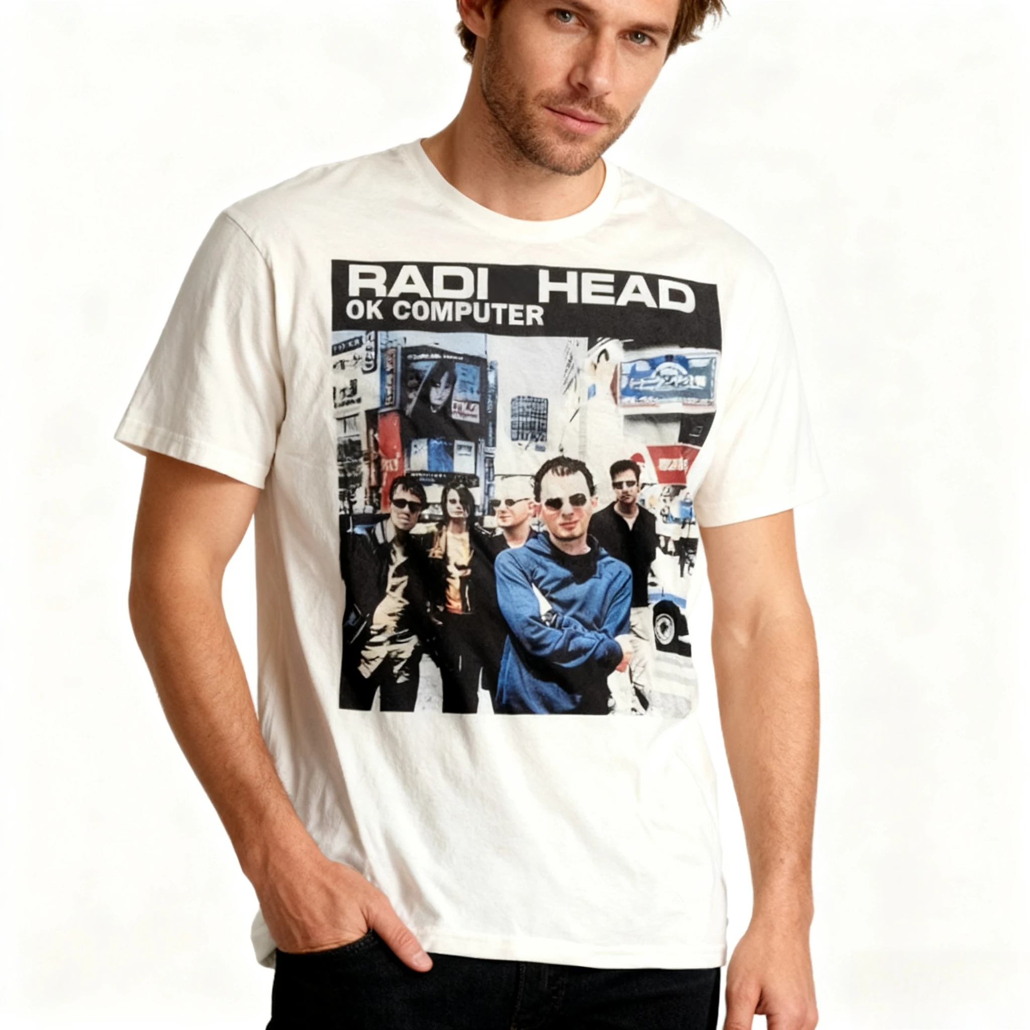 

New Men Women Casual Radiohea Curvy Retro Neutral Print T-shirt Casual Cotton Oversize Top Hip Hop Fashion Round-neck Loose Tee