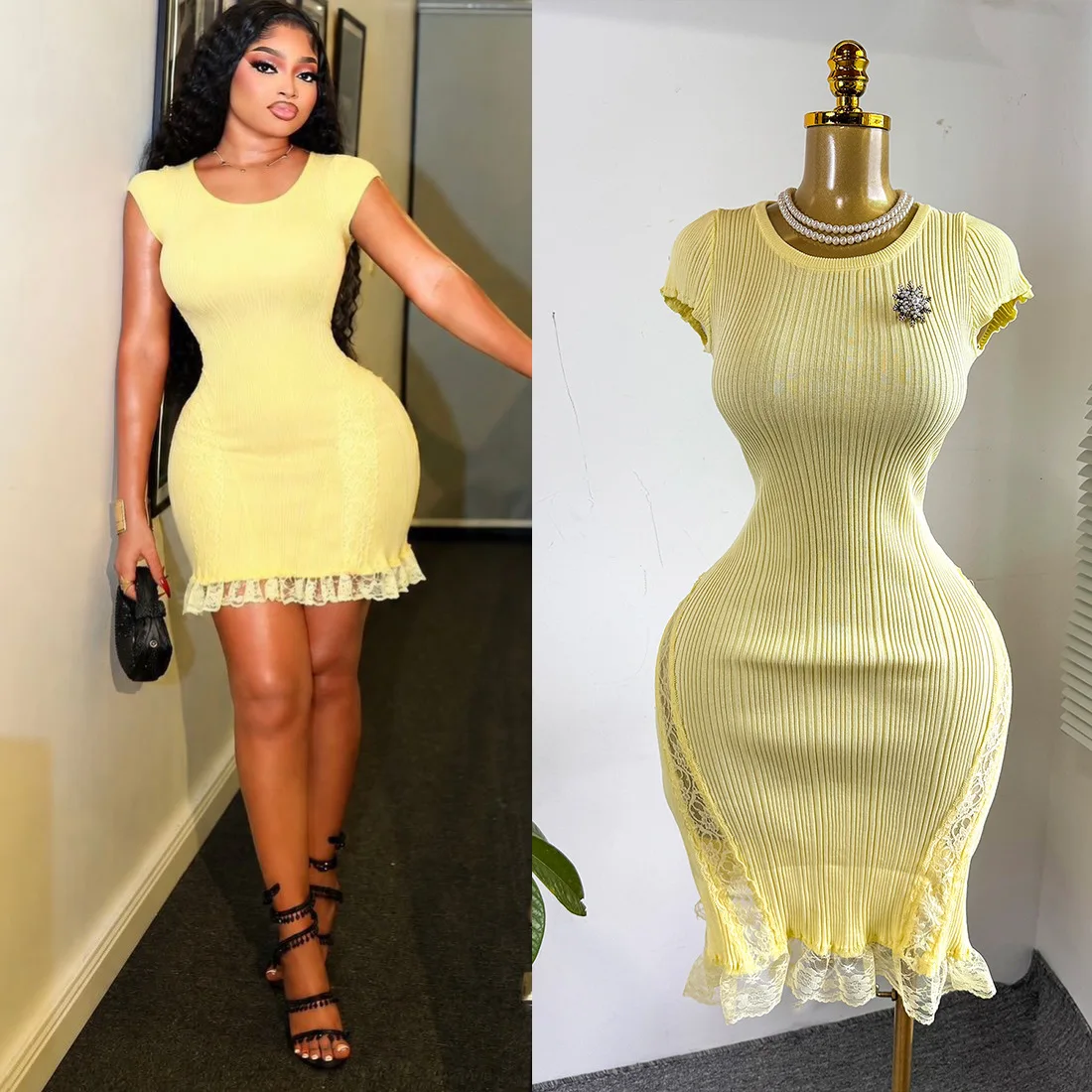 Kurzes Kleid Damenkleider Sexy Vestidos Y2k Streetwear Rundhals Kurzarm Hüftwickel Elegantes Strick-Partykleid für Nacht und Arbeit 2026