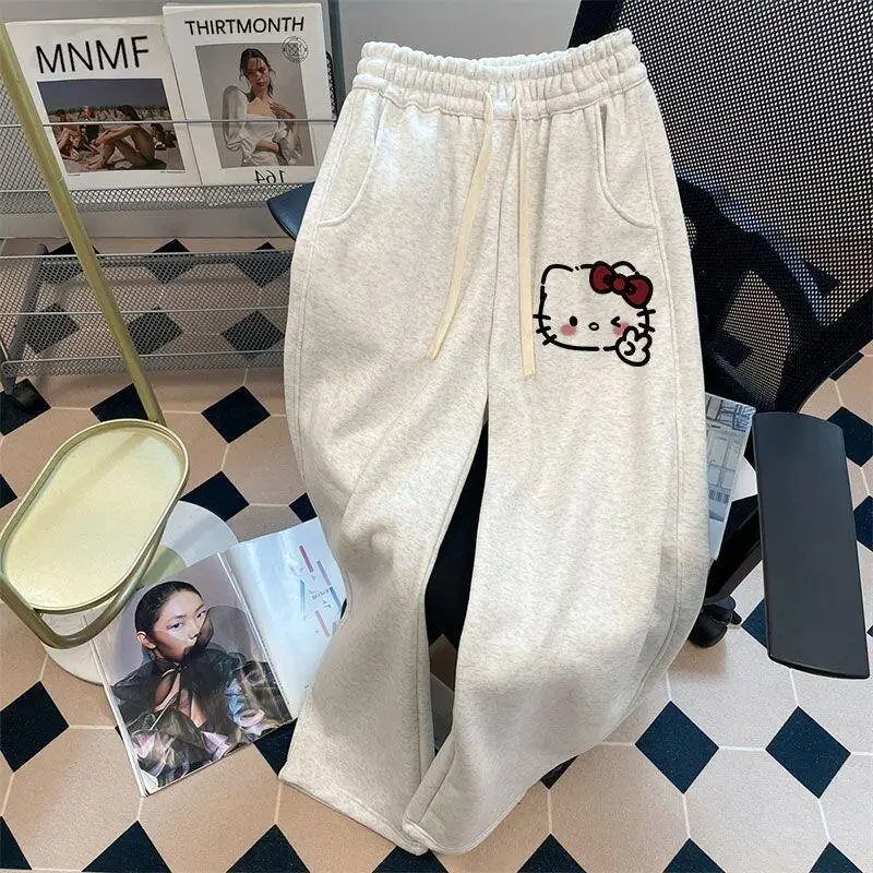 

Широкие спортивные брюки Sanrio Hello Kitty из хлопка для девочек, осенне-зимний сезон, модные, повседневные, милые, универсальные, стильные, с брюками.