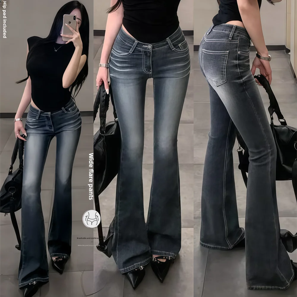 Low Waist Flared Jeans Women's Vintage Washed Wide Hip Dongda Gate Long Pants Slim Fit High Elasticity Denim Fabric