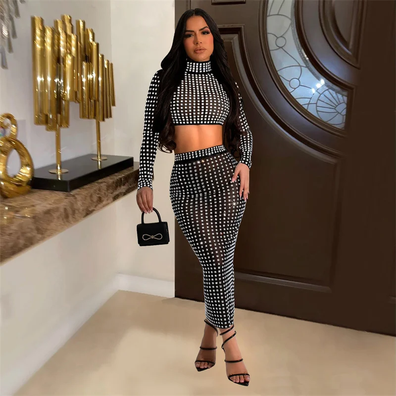 

Rhinestone Sheer Mesh Sexy Two Piece Sets Women High Neck Long Sleeve Crop Top and High Waist Skinny Midi Skirts Party Outfits