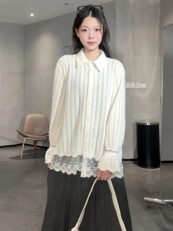 

Elegant Lace Shirt Versatile Gentle Style Unique Design Breathable Polyester Long Sleeve Collar Women's Fashion Top