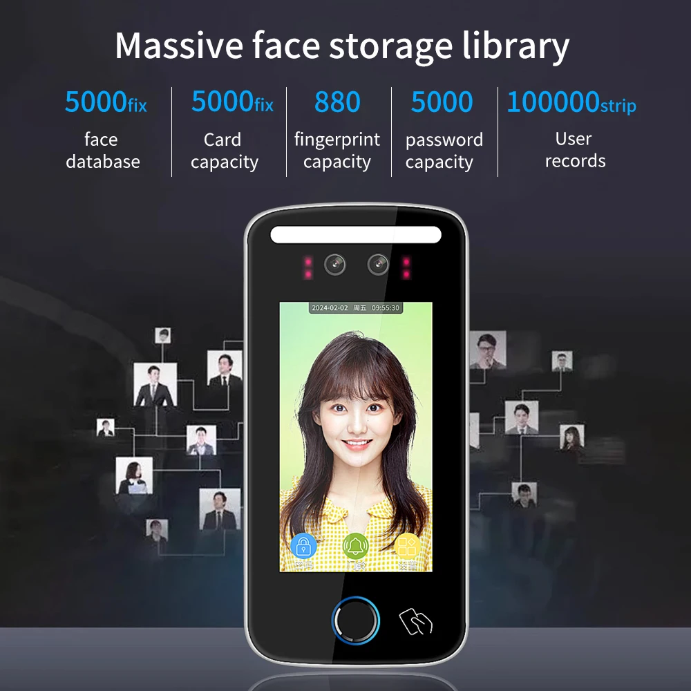 Tuya App Wifi AI Dynamic Face Recognition Reader Attendance Terminal 5000face TCP IP 5-inch Screen 125KHz IP54 Waterproof Zinc