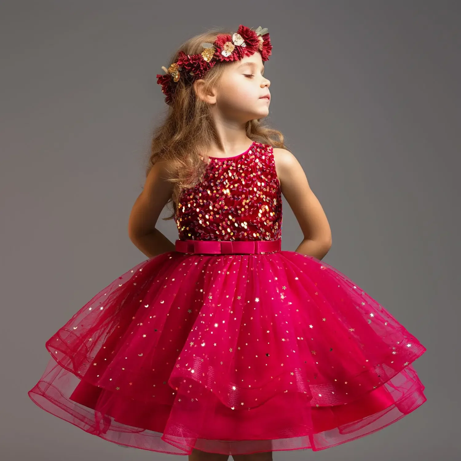 Elegant Girl Sequins Flower Dress for Kids Bow Communion Costume Children Formal Prom Gowns for Wedding Birthday Party Tutu Gown