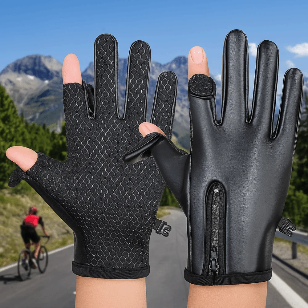 

Multifunctional PU Leather Men's Winter Gloves Plush Waterproof Cycling Gloves with Zipper Wear-resistant Fishing Gloves Sport