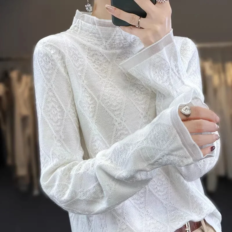 高級刺繍レース中空ダイヤモンドニットウールセーター女性の秋冬ロングスベベースレイヤーfハイカラー