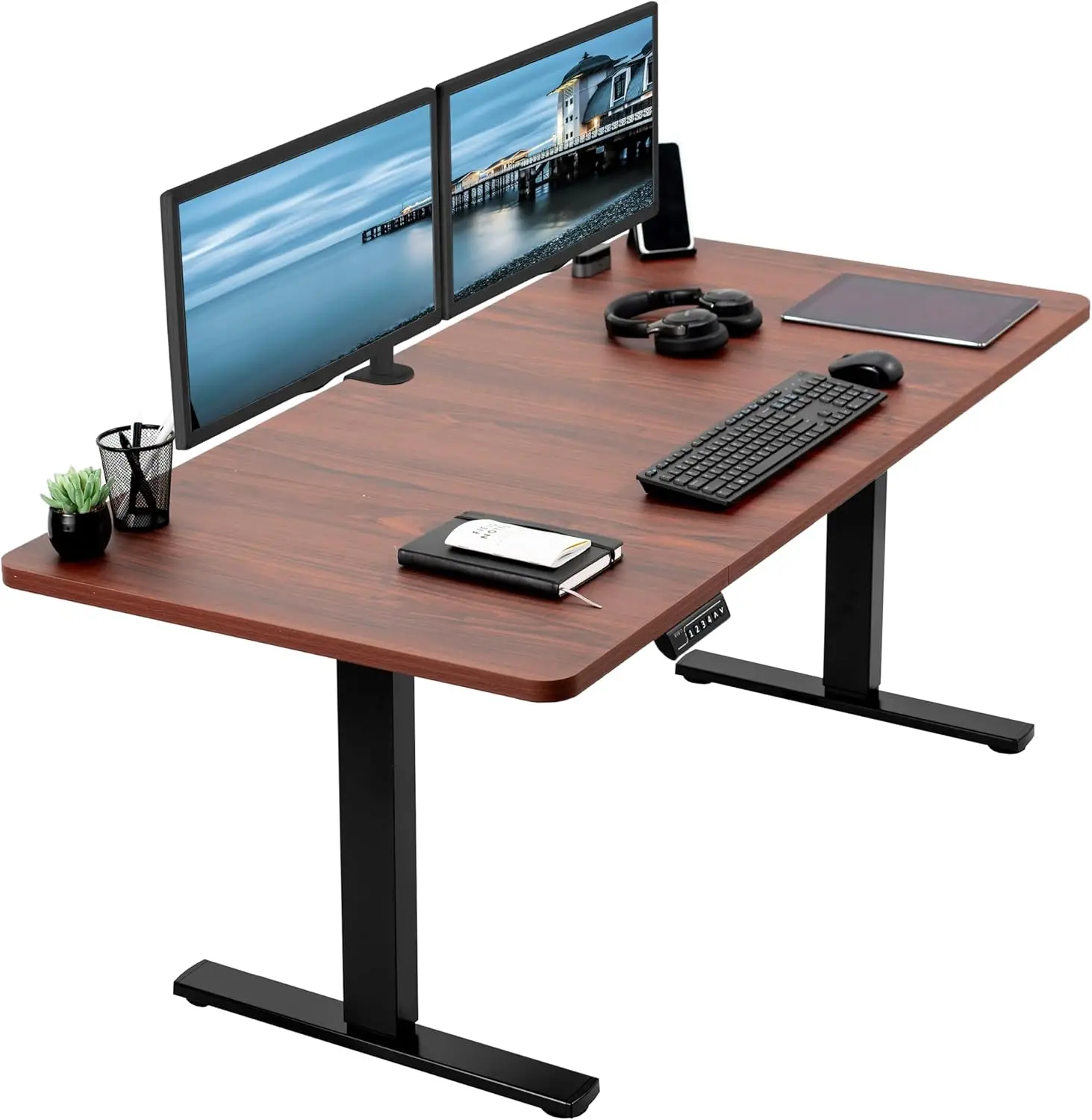 lectric 60 x 30 inch Standing Desk Workstation, Memory Controller Height Adjustment,  Dark Walnut Top Black Frame