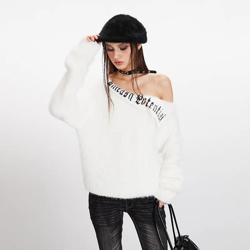 

SYEPA Christmas White Mohair Off-Shoulder Knit Top Autumn Winter Knitted Sweater Off-Shoulder Soft Sweater