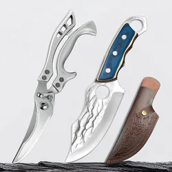 Juego de cuchillos de cocina y tijeras de cocina, juego de cuchillos de cuchilla de carne, cuchillo de deshuesado de carnicero forjado a mano, tijeras de hueso de pollo con funda