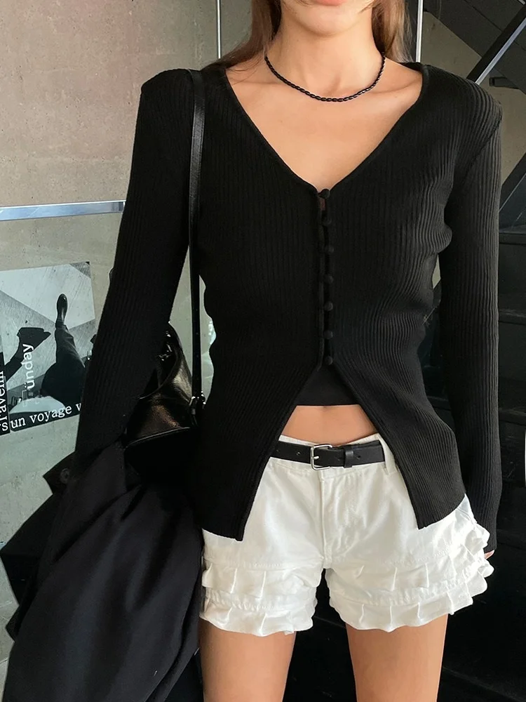 2022 Spring Faion Damen Bla gestricktes V-Ne-Cardigan-Oberteil zum Abnehmen mit Rüschen, zweiteiliges Set Ele Sle