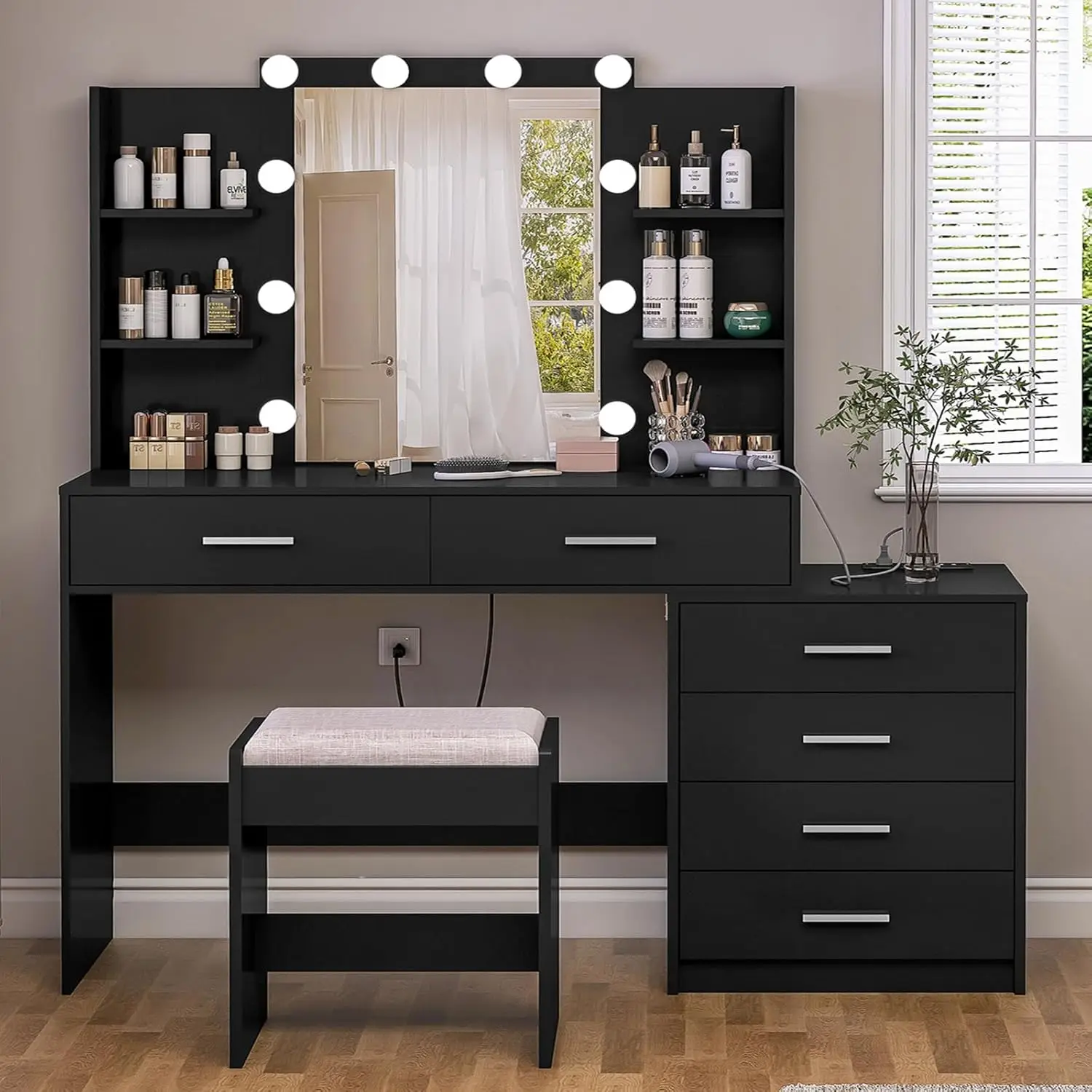 Vanity Desk with Mirror & Lights, Makeup Vanity with 6 Drawers, 6 Open Shelves and Power Outlet, 48” Storage Makeup Vanity Desk