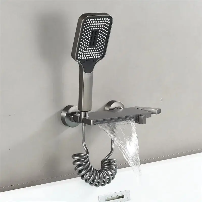 Grey Brass Modern Waterfall Shower Faucet Wall Mounted Handheld Hot Cold Shower Mixer Tap Waterfall Spout Bathtub Mixer Faucet