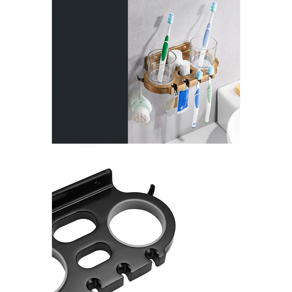 حامل فرشاة الأسنان من الألومنيوم بدون مساحة، فرشاة مزدوجة، خطافات رف توفير المساحة، ملحقات الحمام باللون الأسود #4