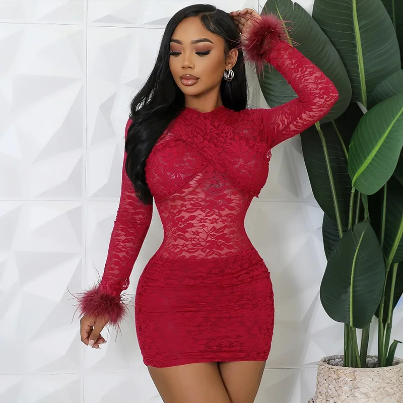 Feathers Spliced Cross Lace Ruched Bodycon Mini Dress Women Fashion Sexy O Neck Long Sleeve Slim Party Clubwear Christmas Outfit
