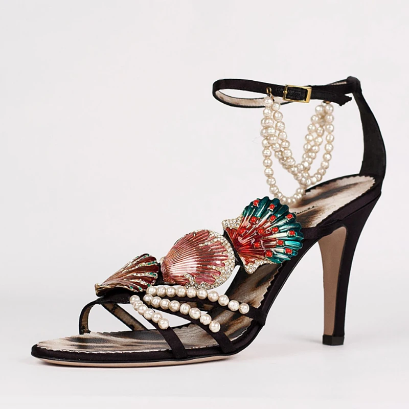 Pearl Shell Decorated Open Toe Stiletto Sandals Woman Summer 2026 Ankle Buckle High Heel Dress Shoes Wedding Party Prom Evening
