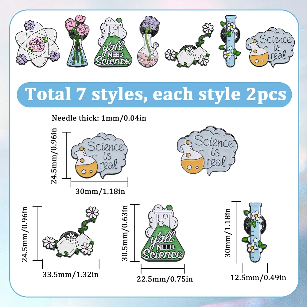1 Box 14Pcs 7 Styles Chemistry Pins Bulk Science Brooch Metal Alloy Enamel Cartoon Scientist Chemistry Flower Laboratory Bottle