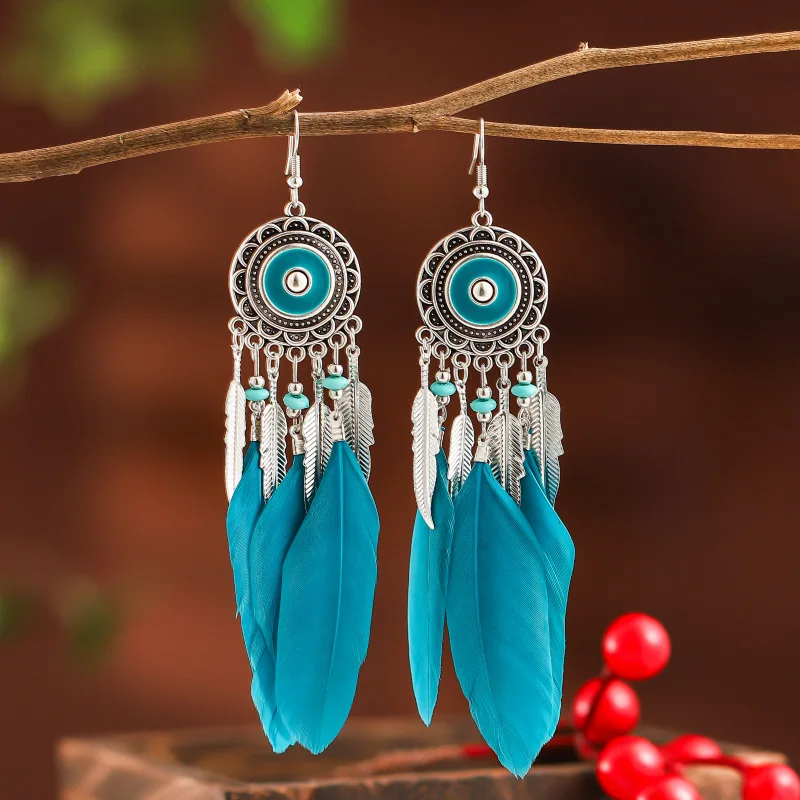 Pendientes largos bohemios con flecos para mujer, aretes largos con plumas, colgantes, joyería Vintage