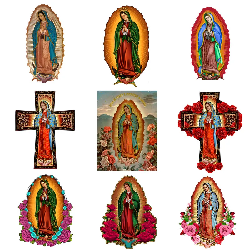 Naszej pani z Guadalupe Christian Virgin Mary naszywki na ubrania termiczne naklejki transferowe DIY T shirt żelazko na dla kobiet Appliqued