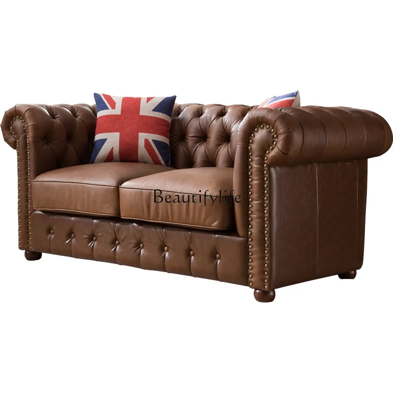 

Leather Sofa European-Style Solid Wood Retro Classic Furniture Combination Light Luxury First Layer Cowhide