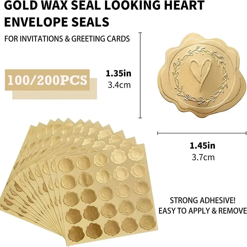 100/200pcs Gold Embossed Heart Sticker Envelope Gift Wrap Self-Adhesive Seal Stickers Sticker For Wedding Party Invitation Decor