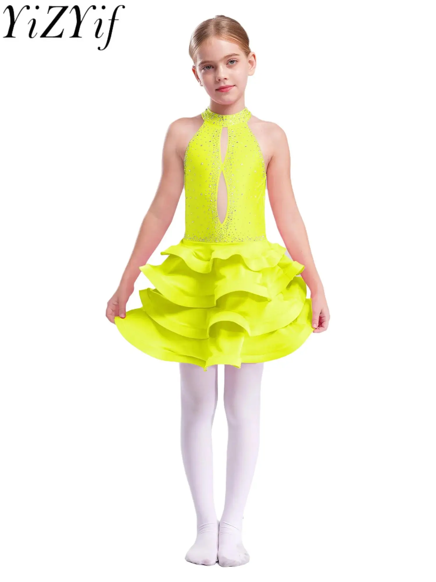 

Kids Girls Waltz Ballroom Stage Dance Performance Tutu Dress Sleeveless Shiny Sequins Leotard Tiered Tulle Ballet Dance Outfits