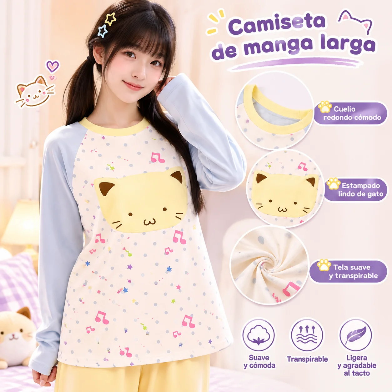 Y2K Cute Cartoon Cat Casual Long Sleeve T-shirt Loose Shoulder Pullover for Women Japanese Atmosphere Daily Home Top