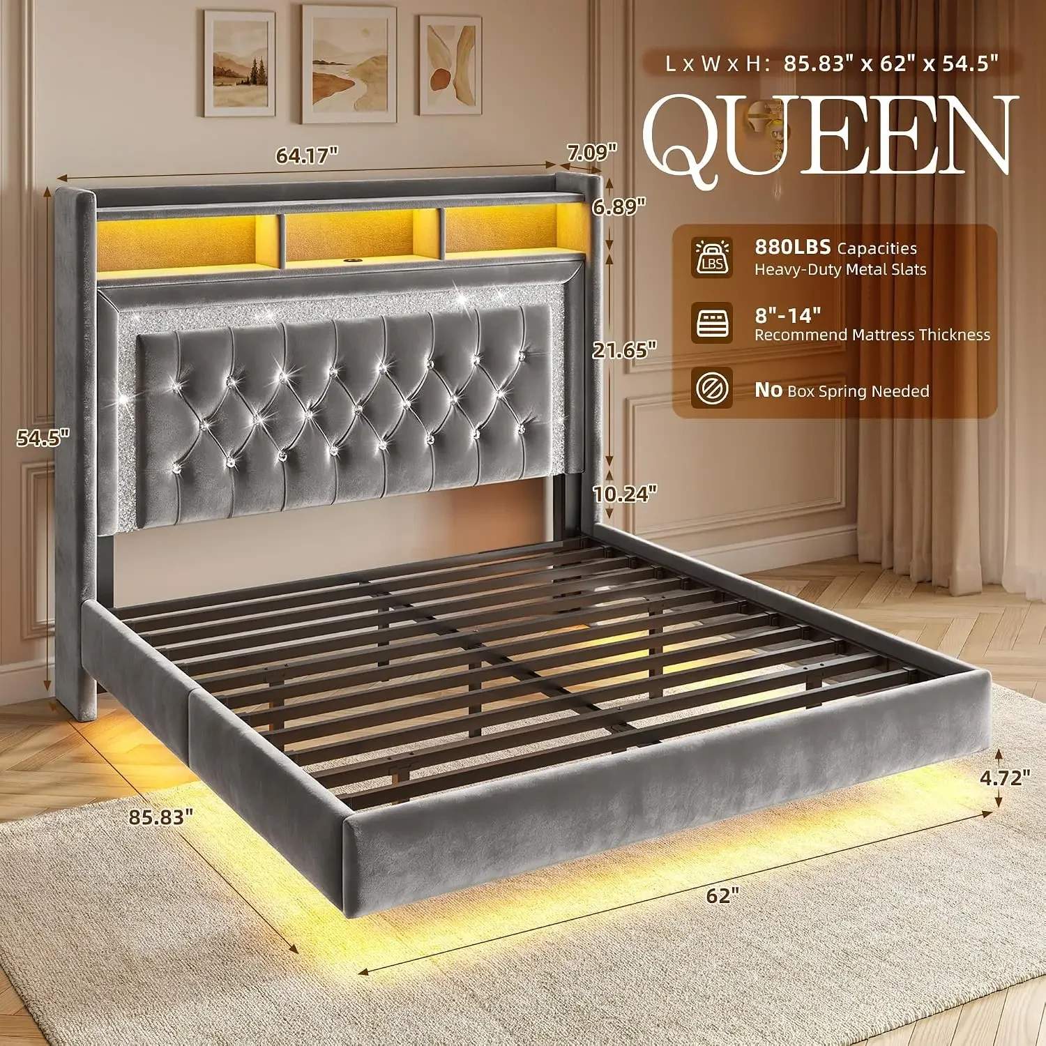 Queen Floating Bed Frame, Charge Station & LED Lights, Grey | 54