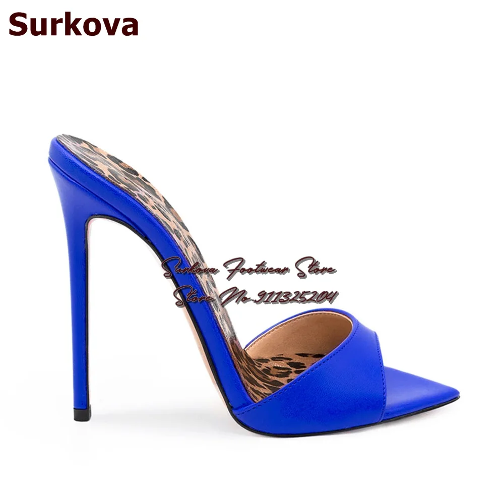 Surkova Leopard Inside Red Pink Blue High Heel Slippers Stiletto Heel Pointed Toe Slip-on Sandals Patchwork Shallow Dress Shoes