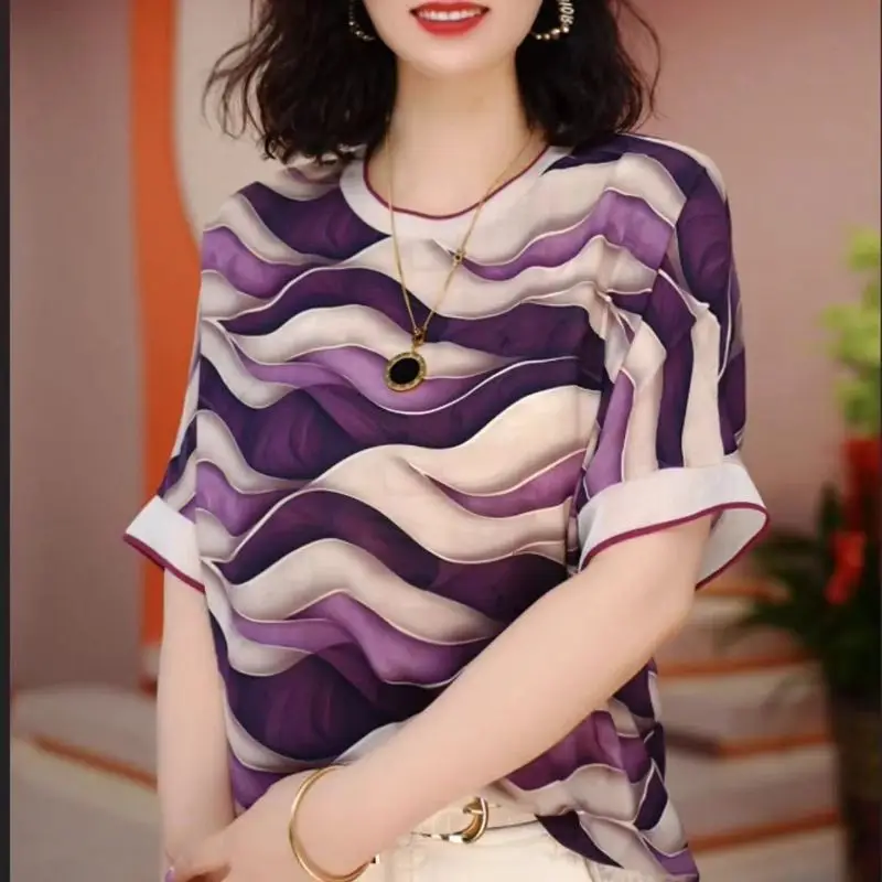 2024 Women\'s Summer New T-shirts Patchwork Contrast Color Flonce Fashion Minimalist Commute Loose Round Neck Short Sleeve Tops