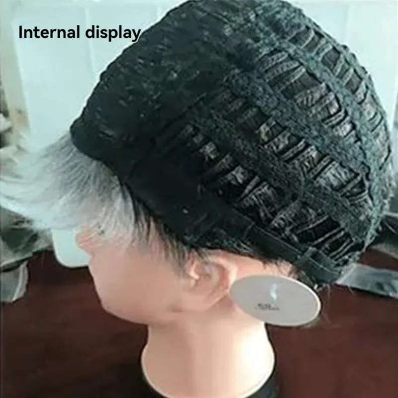 Wig Men Short Hair Fluffy Curly Hair Silver White Chemical Fiber Headgear Fluffy Short Curly Hair Simulation Full Headgear