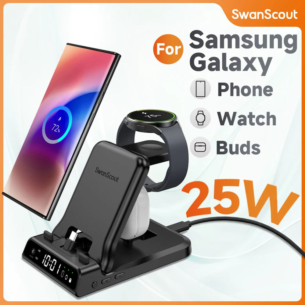 SwanScout 701S Charging Station for Samsung S24 S23 Z Flip 5 Z Fold 5 Wireless Charger for Galaxy Watch Ultra 7 6 for Buds 2 Pro