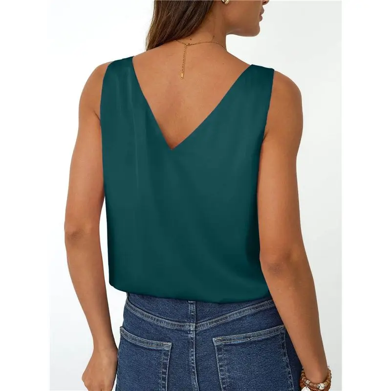 ABRT-여성 실크 새틴 탱크 탑 브이넥 여름 블라우스 민소매 셔츠 비즈니스 캐주얼 드레스 의상 휴가복