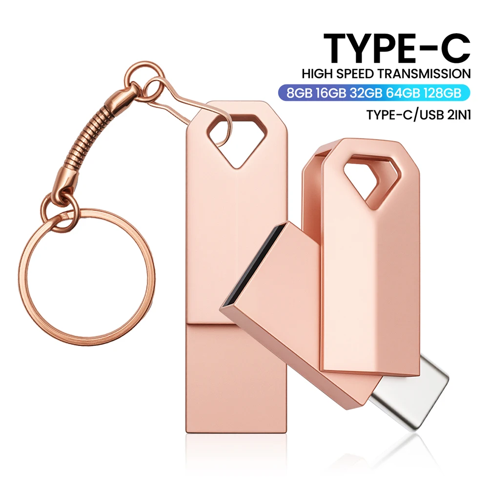 

MINI TYPE C 2in1 Metal USB flash drive 128GB 64GB 256GB Free key chain Pen drive Rose gold Pendrive 32GB 16GB 8GB Creative gift