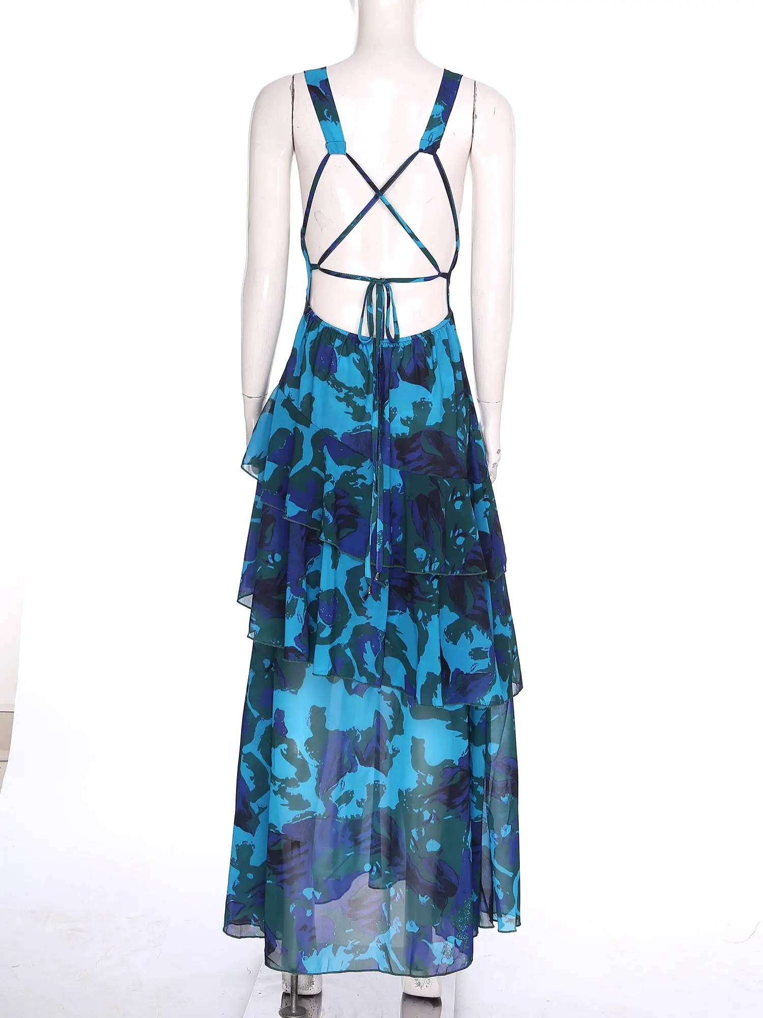 Eleganckie sukienki damskie w stylu boho retro, bez rękawów, z odkrytymi plecami, w kwiatowy wzór, letnia sukienka maxi z szyfonu, dekolt w serek, vestidos, sukienka damska.