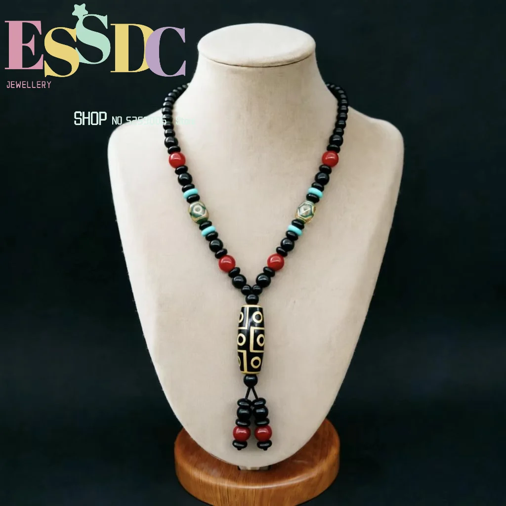 Tibetan Dzi Beads Necklace Nine-Eyed Dzi Beads Agate Necklace Men's and Women's Buddhist Beads Rosary Beads Long Retro Sweater